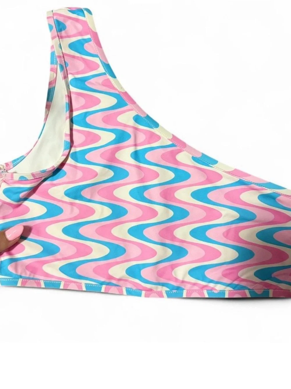 Frankie's Bikinis Pink & Blue Wave One-Shoulder Swim Top